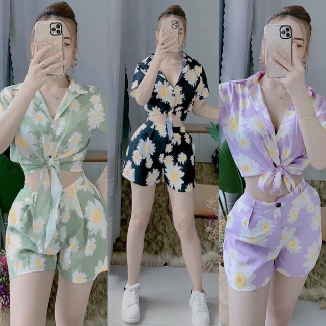 Set hoa cúc áo sơmi cột nơ eo tay con + quần short
