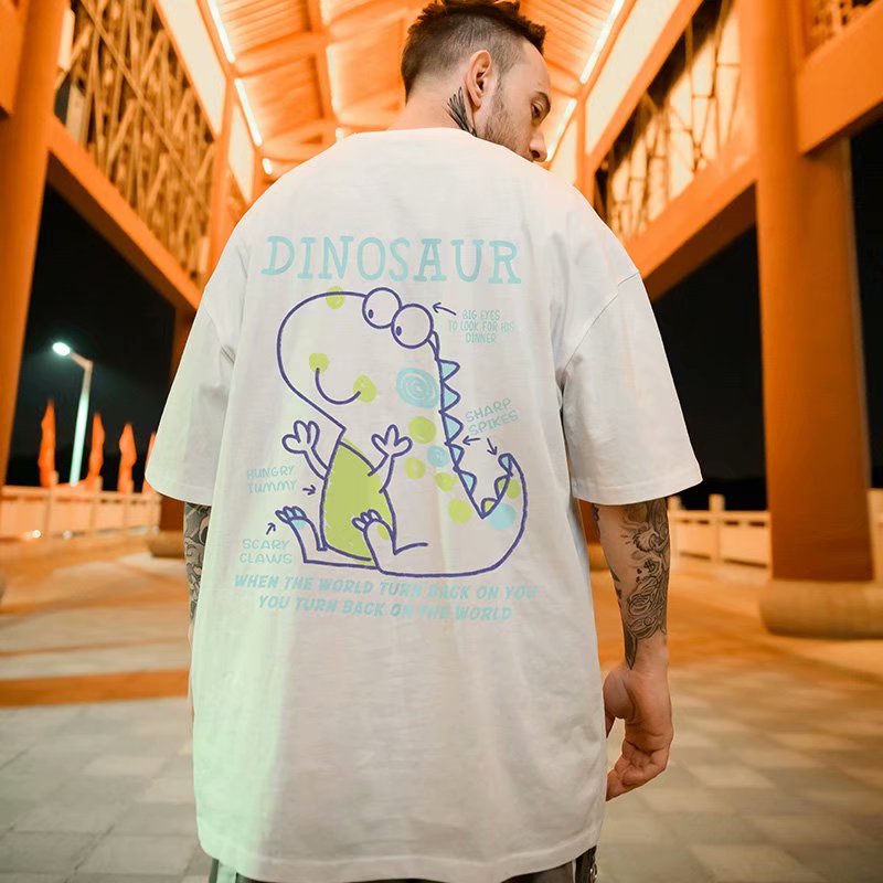 Áo thun ngắn tay dáng rộng họa tiết khủng long hoạt hình thời trang mùa hè Hàn Quốc cho nam nữ size m-8xl