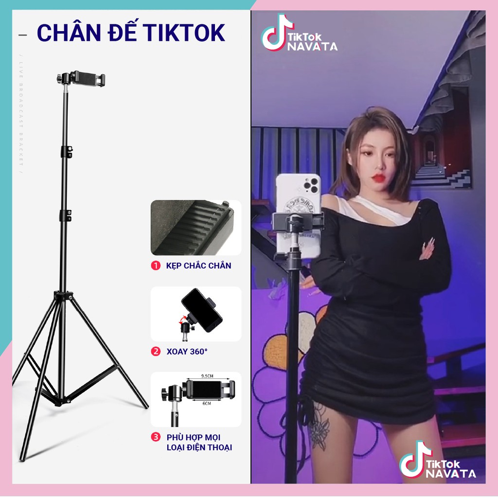 Chân đế điện thoại Tripod quay TikTok, chân đèn livestream giá đỡ Cao 2m1 loại chắc chắn chịu lực tốt