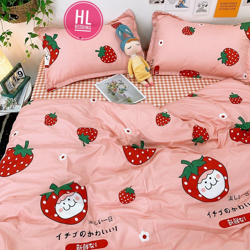 Bộ vỏ chăn ga gối cotton poly HL bedding quả dâu baby chăn ga Hàn Quốc đủ size miễn phí bo chun