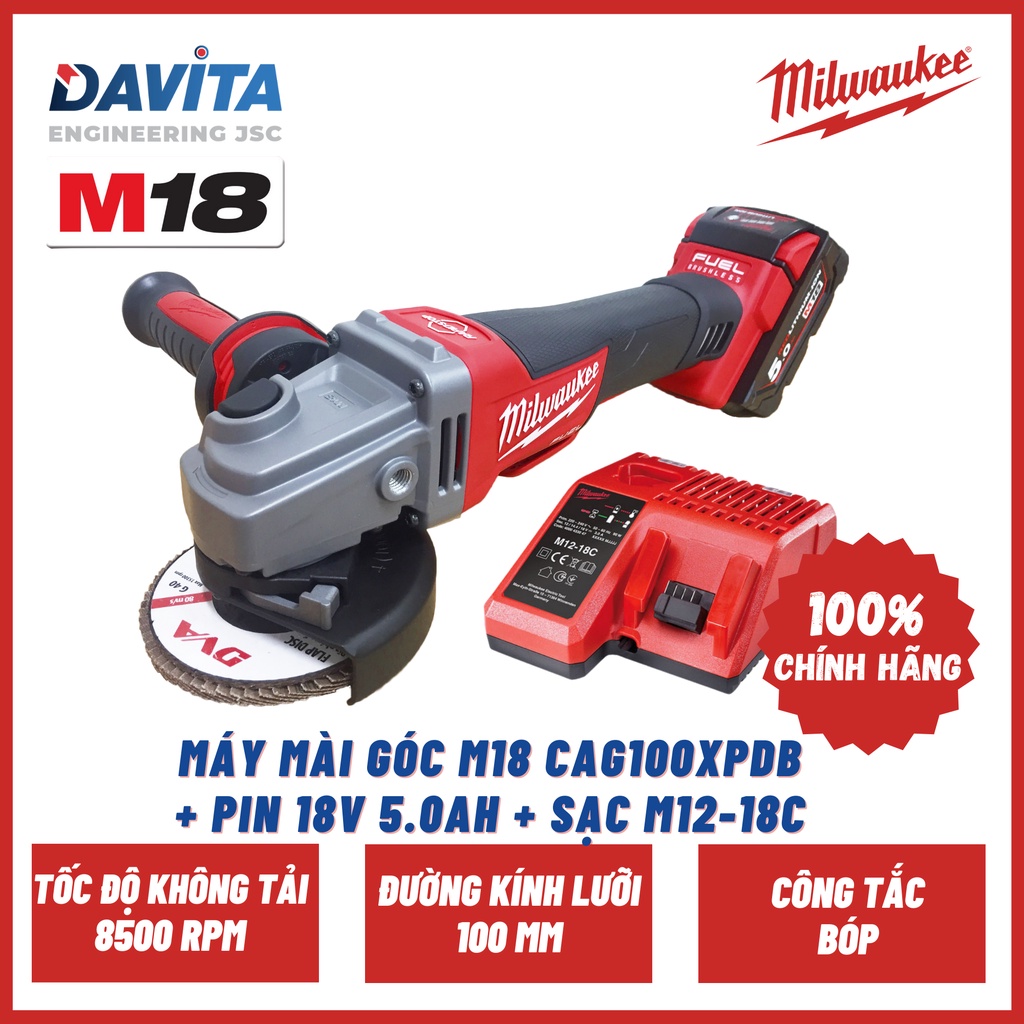 Máy mài góc M18 CAG100XPDB + Pin 18V 5.0Ah + Sạc M12-18C