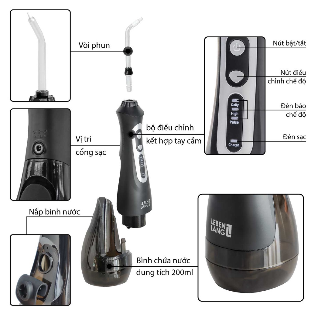 Máy tăm nước cầm tay Lebenlang LBT1486S 3 chế độ , 5 đầu tăm tặng kèm túi vải bảo hành 24 tháng