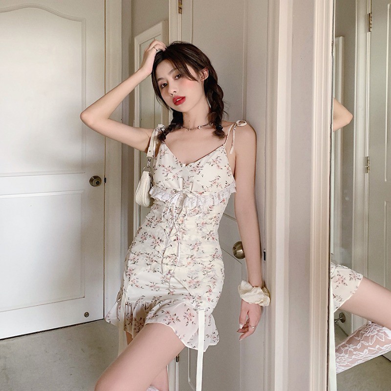 (FREESHIP)Đầm 2 dây hoa be dây rút ngực