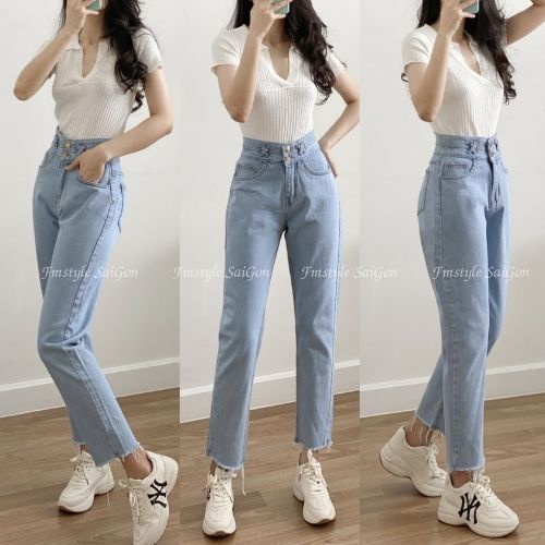 Quần jean baggy nữ trơn lai cắt ulzzang, quần bò lưng cao ulzzang đi học Fmstyle Saigon 21QJB05TW050