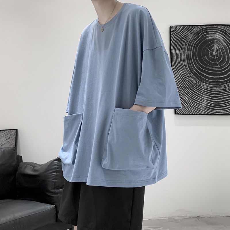 Áo Thun Cotton Ngắn Tay Dáng Rộng Phối Túi Thời Trang Mùa Hè Hàn Quốc Dành Cho Nam