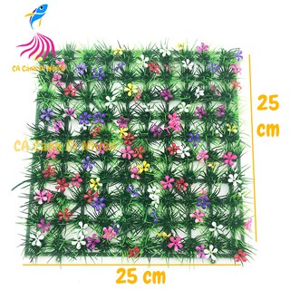 Thảm cỏ nhựa lá kim có bông trang trí hồ cá size 25x25 cm