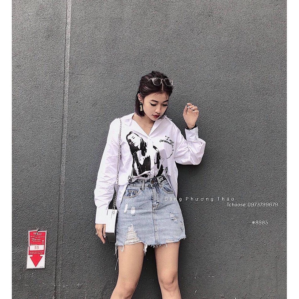 Áo Sơ Mi Trắng In Hình Cô Gái