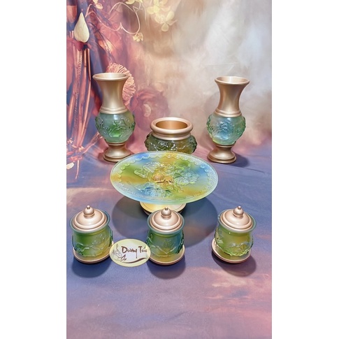 Bộ Thờ Cúng : Bình Hoa , Lư Hương ( Bát Nhang ) , Đĩa Trái Cây , Chung Nước Đại Bi , Lưu Ly Xanh Phối Đồng Cao Cấp