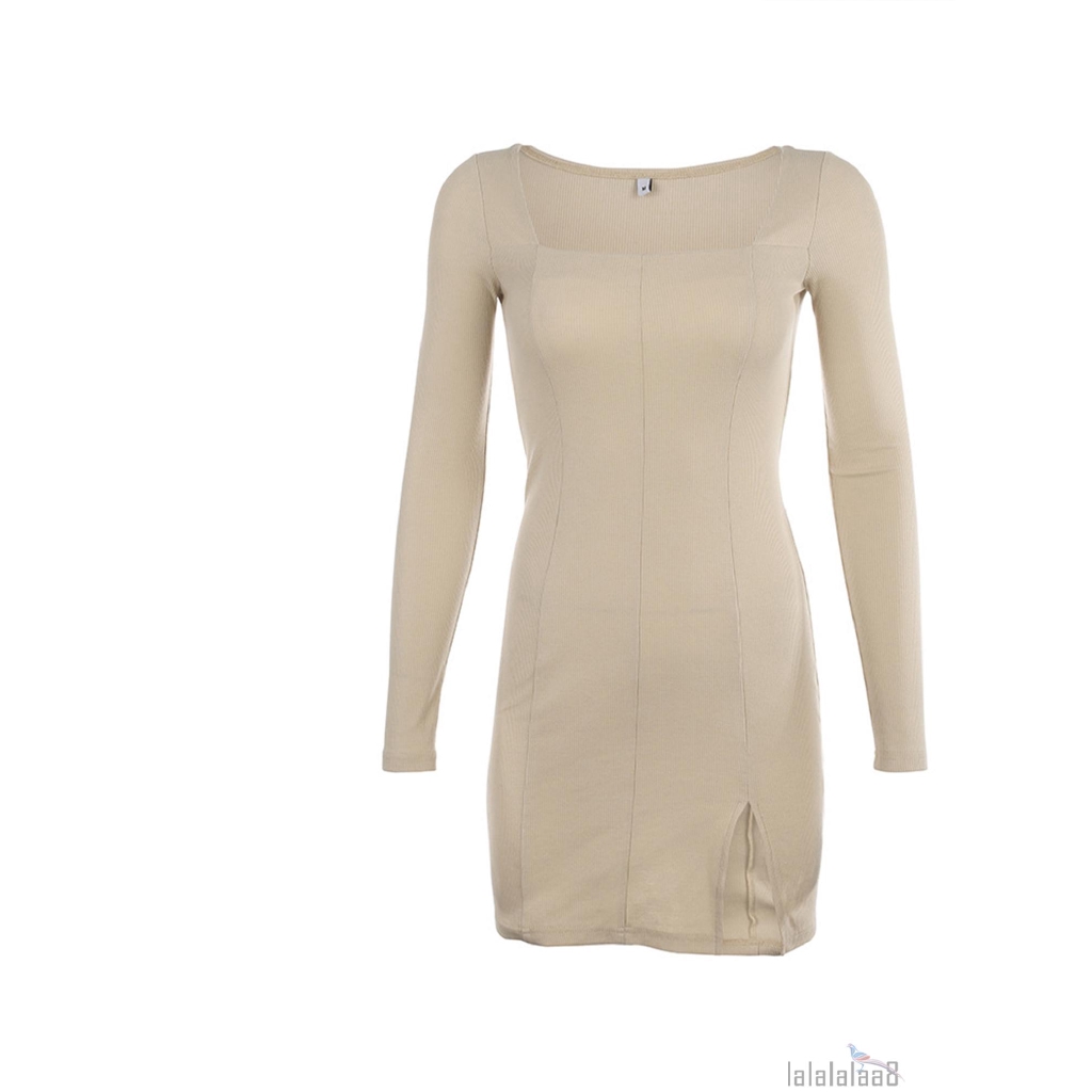 Đầm Tay Dài Cổ Vuông Màu Trơn Thiết Kế Xẻ Quyến Rũ | BigBuy360 - bigbuy360.vn