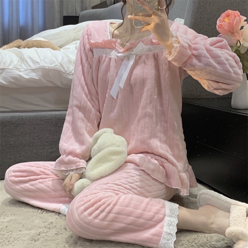 Bộ Đồ Ngủ Bông, Đồ Mặc Nhà Mùa Đông Giữ Ấm Thiết Kế Phối Nơ Tiểu Thư Xinh Xắn Nữ Tính