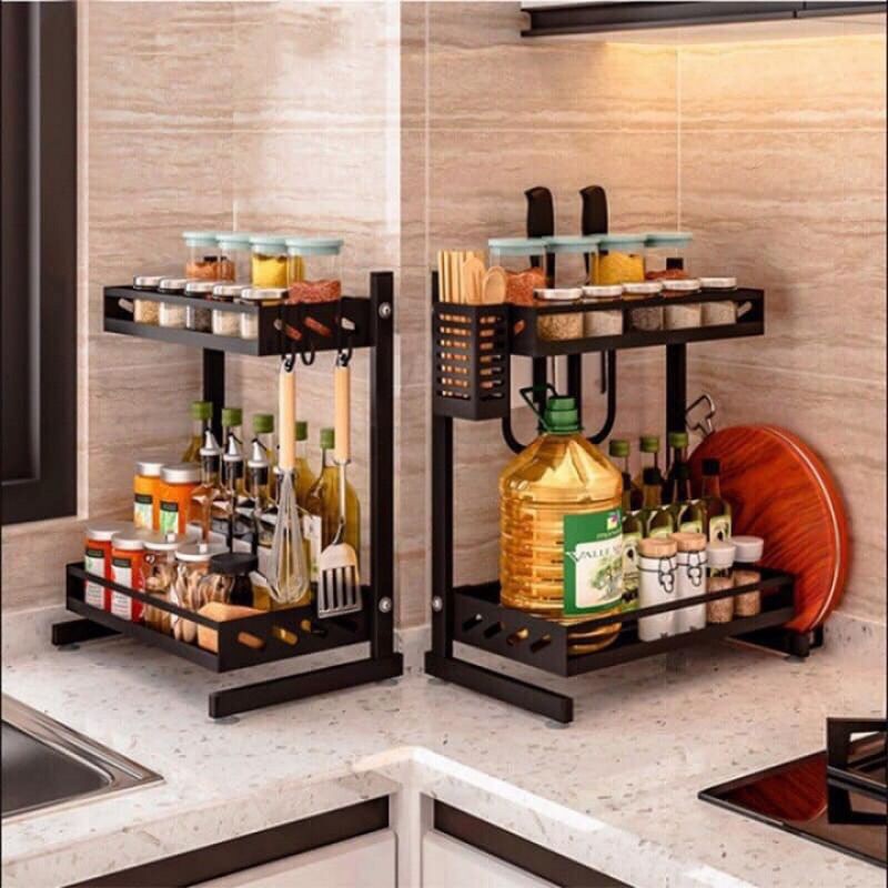 Kệ đựng đồ gia vị thép đen đa năng 2 tầng có ống cắm đũa và giá để thớt tiện lợi M03 - PHARAON