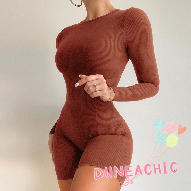 Áo liền quần DUNEA dệt kim tay dài màu trơn thiết kế đơn giản cho nữ