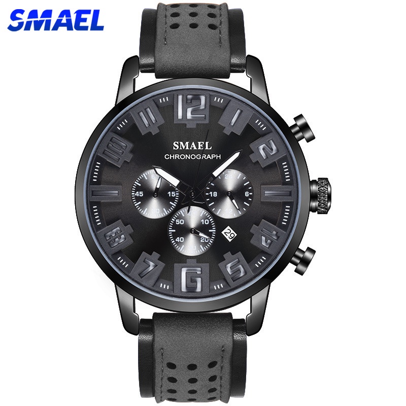 SMAEL 9077 Đồng hồ nam dây da Chronograph quartz analog phát sáng 24 giờ thể thao