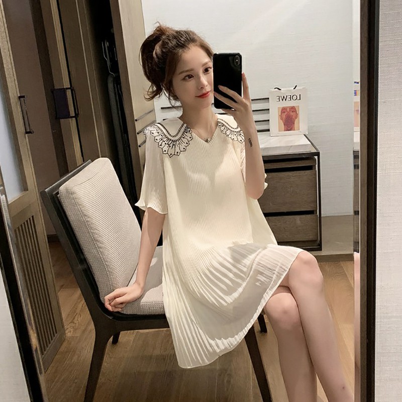 Váy chiffon nữ rộng ngắn tay cổ chữ V