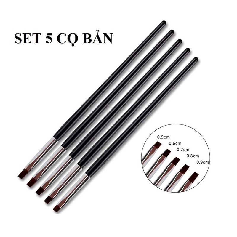 Set cọ bản 5 cây đầu vuông đủ size dùng đắp gel,vẽ hoa bản trang trí móng