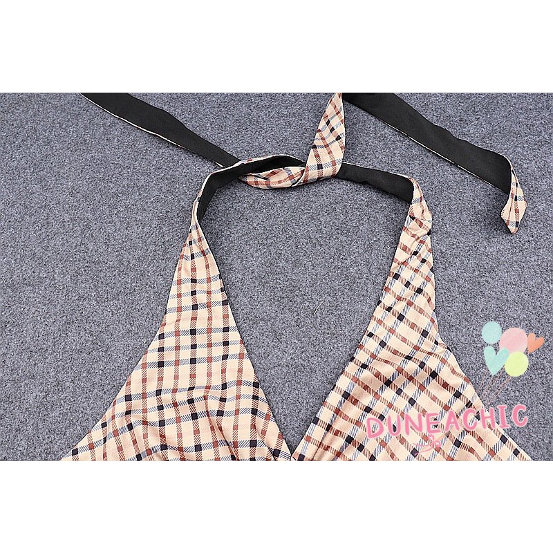 Áo Croptop Hai Dây Hở Lưng Họa Tiết Sọc Caro Phong Cách Quyến Rũ