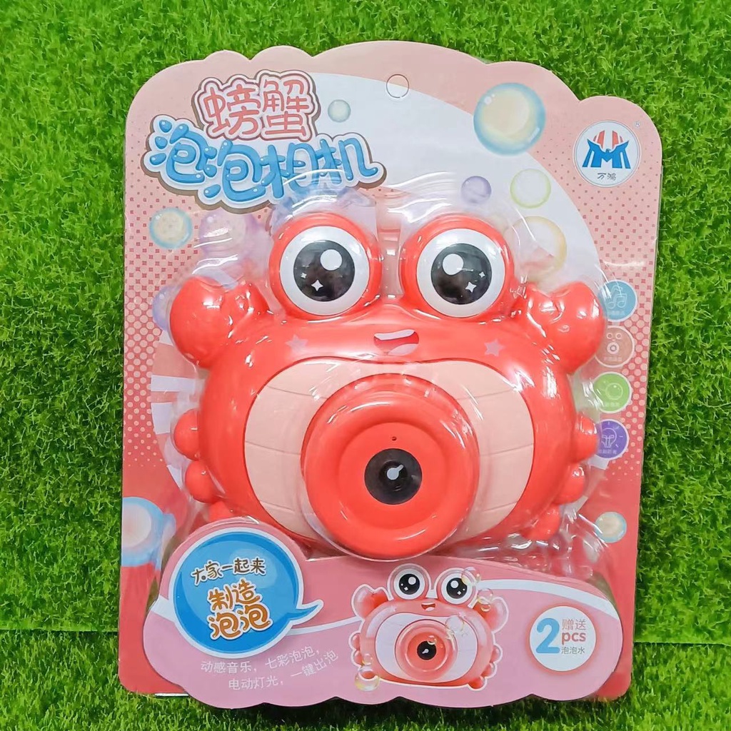 Máy ảnh thổi bong bóng tự động có đèn có nhạc kèm xà phòng và dây đeo hình con cua ngộ ngĩnh
