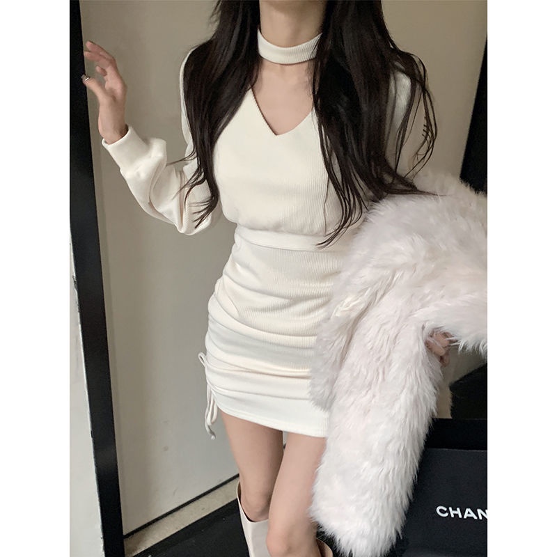 Đầm Ngắn Cổ v Phối Dây Rút Xếp Ly Ôm Eo Thời Trang Mùa Đông Quyến Rũ Cho Nữ
