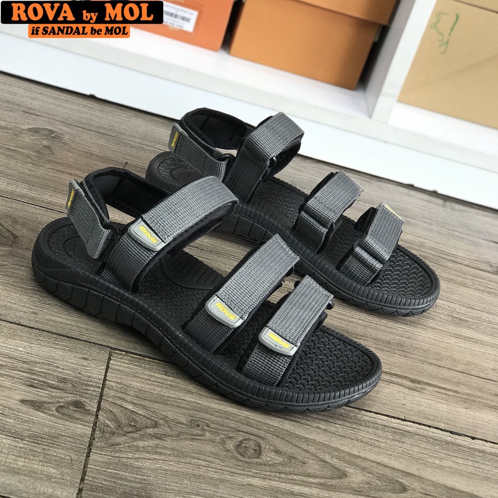 Giày sandal nam hiệu Rova siêu bền kiểu 3 quai ngang đế cao su quai dù đi học màu xám mã RV39-1