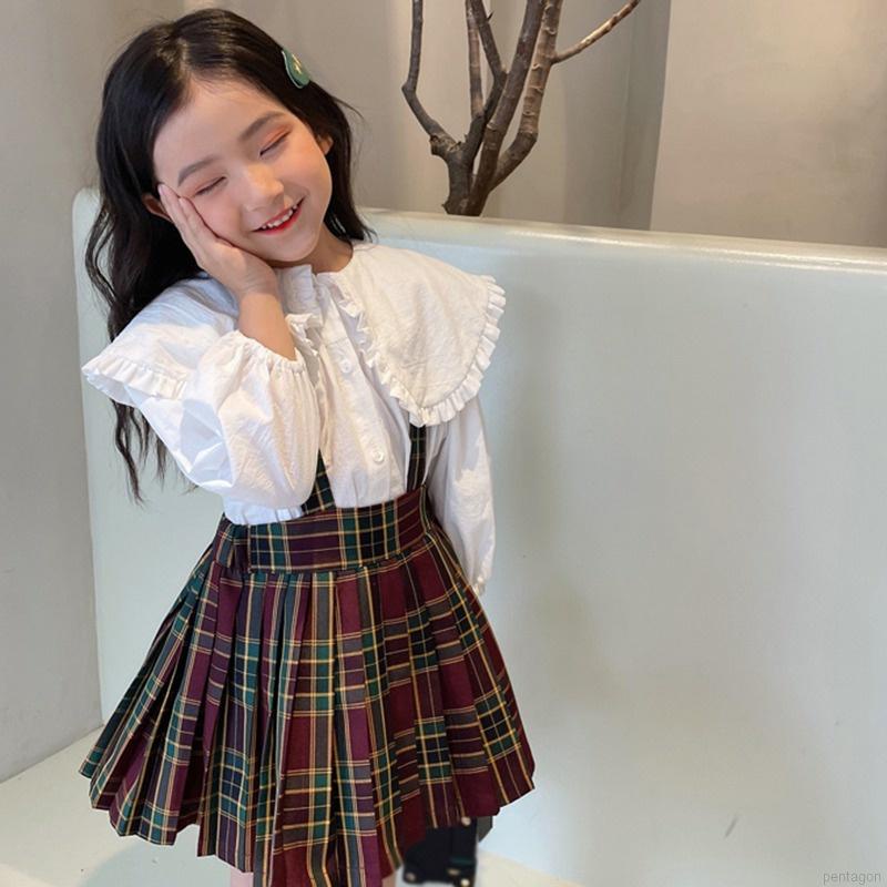 Bộ áo sơ mi cổ bẻ tay dài + chân váy yếm kẻ sọc caro dễ thương cho bé gái 3-8 tuổi