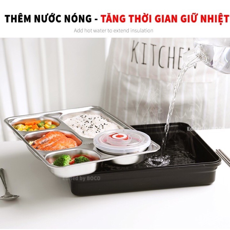 Hộp cơm văn phòng khay inox 5 ngăn- Hộp cơm giữ nhiệt 5 ngăn lõi inox 304 tặng kèm bộ muỗng đũa - Có khay để điện thoại