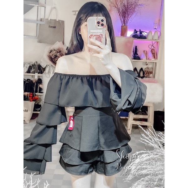 Set áo bẹt vai tay loe tầng phối chân váy tầng
