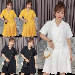 [HÀNG CAO CẤP] Đầm xoè cổ vest chân xếp ly cực sang