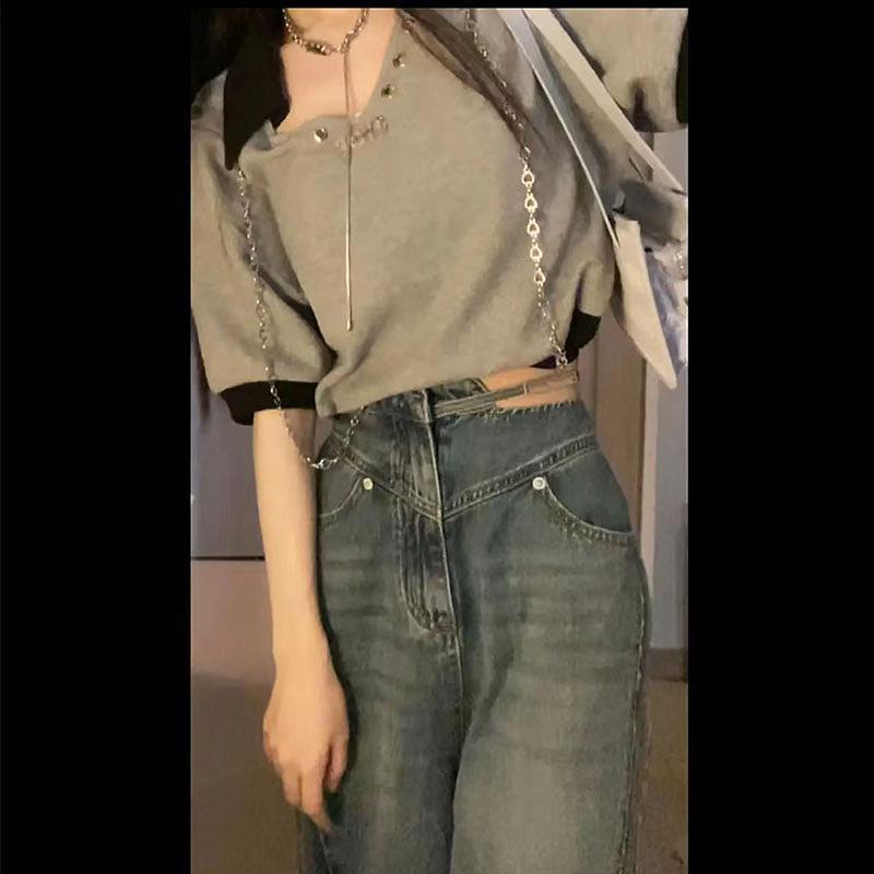 Jiashucheng Áo Thun polo Ngắn Tay Phối Dây Xích Màu Sắc Tương Phản Thời Trang Mùa Hè Cho Nữ