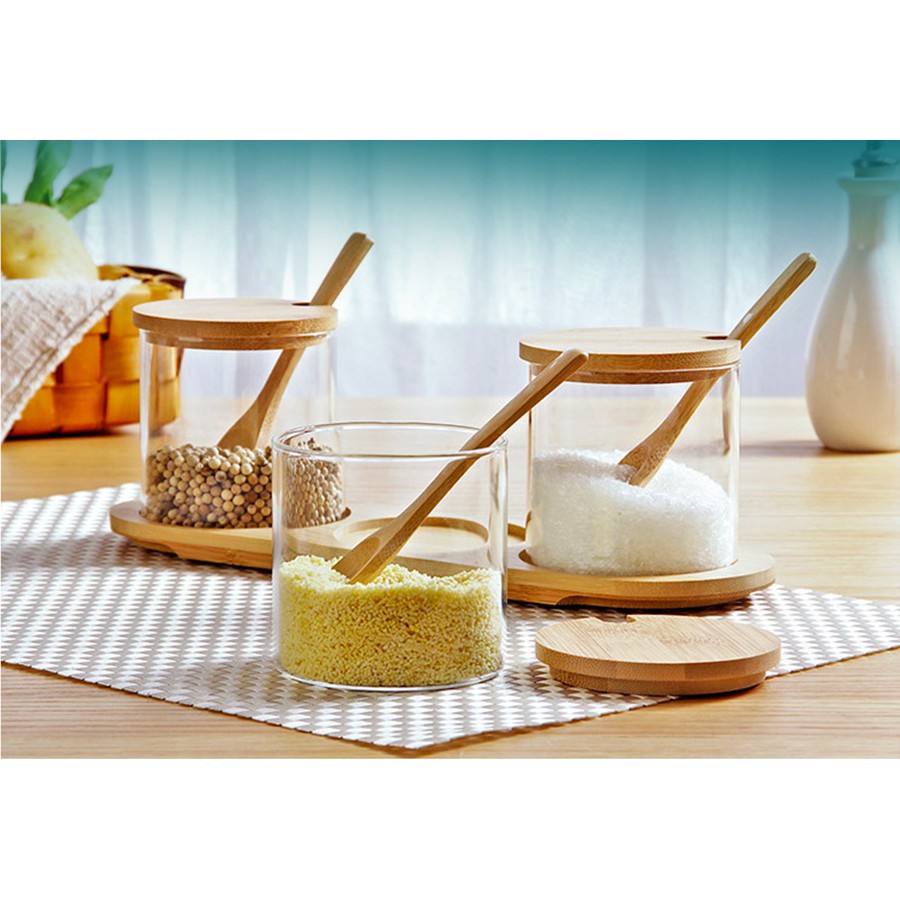 Set hũ đựng gia vị nắp gỗ cao cấp - Tặng kèm khay gỗ và thìa gỗ | BigBuy360 - bigbuy360.vn