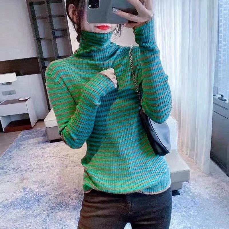 Áo Sweater Cổ Cao Ôm Dáng Mềm Mại Họa Tiết Kẻ Sọc Thời Trang Thu Đông 2023