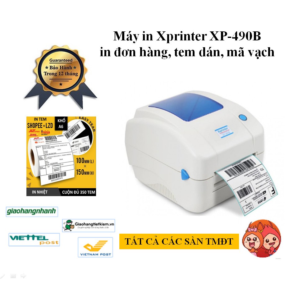 Máy in đơn hàng TMĐT, máy in mã vạch Xprinter XP - 490B in nhiệt trực tiếp khổ giấy tối đa 110mm