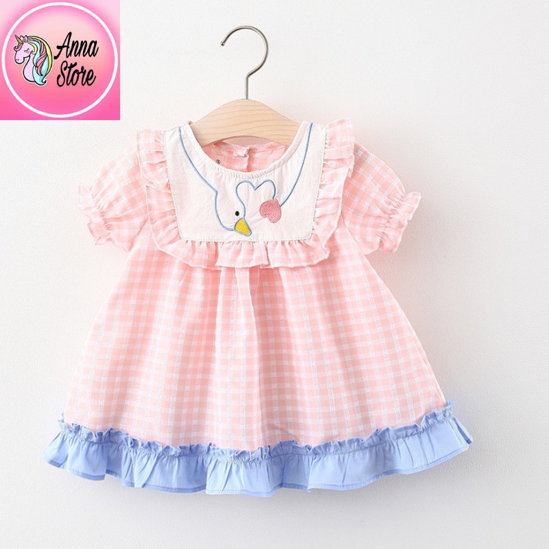 Váy Đầm Bé Gái Dáng Xòe Hình Thiên Nga Hồng Xanh, Cổ Bèo, Anna Store