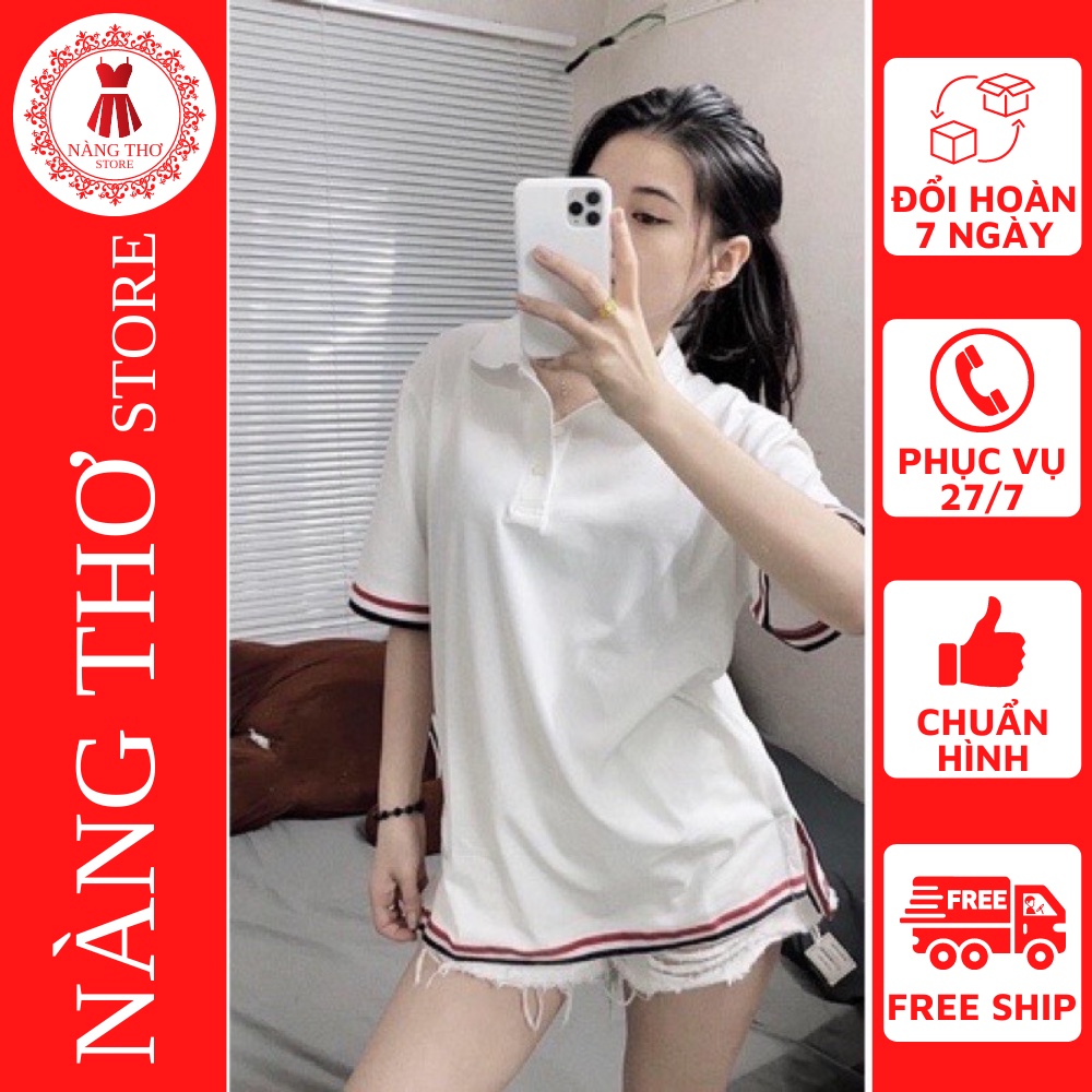 Áo thun Nam/Nữ, Áo polo cổ bẻ sọc , áo phông có cổ From thụng Unisex một màu Phối Viền Tay Năng Động, Trẻ Trung, Cá Tính
