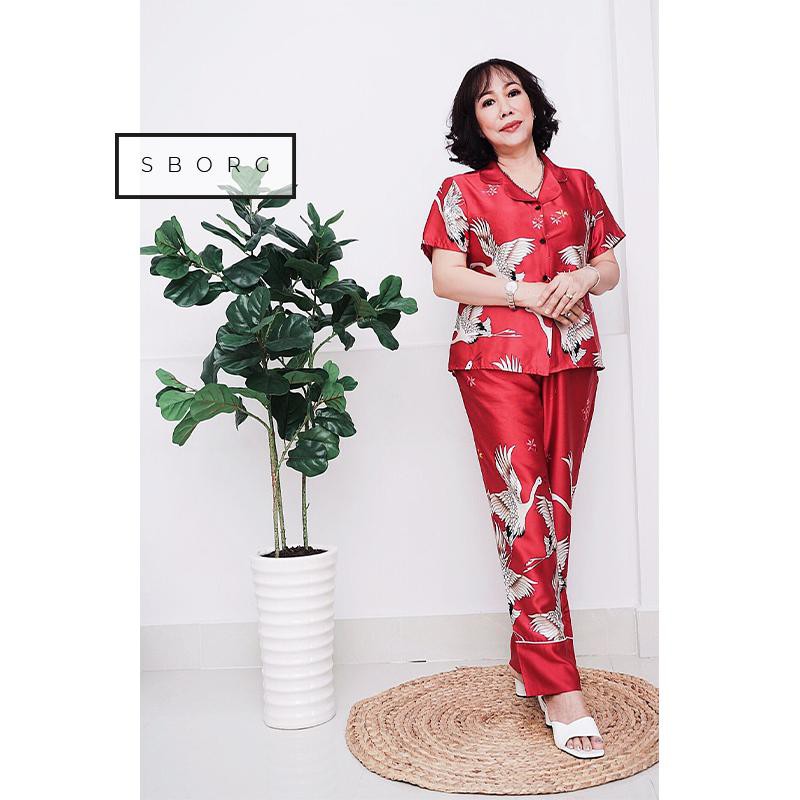 Đồ bộ trung niên SBORG pijama nữ mặc nhà lụa satin hạc sang trọng quần dài có túi đồ đôi mẹ và con gái quà tặng mẹ