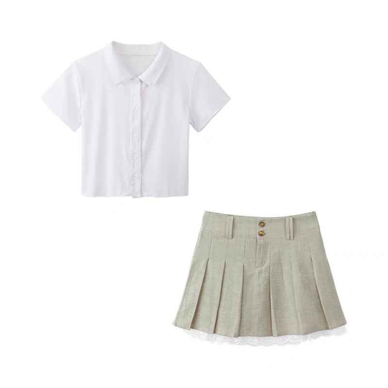 Set áo Polo ngắn & chân váy xếp ly ren
