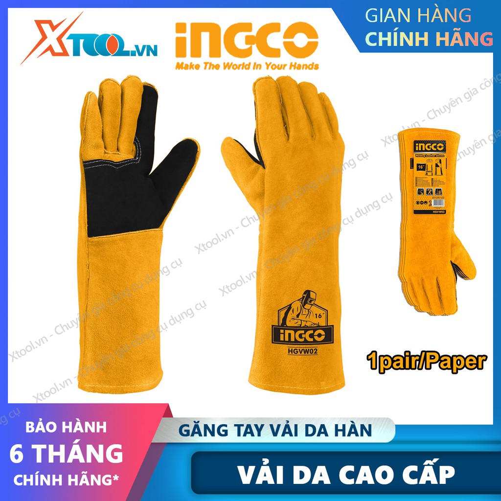 Găng tay hàn INGCO HGVW02 16" bao tay vải da bảo hộ lao động da bò thật chịu nhiệt, hàn hồ quang, mềm mại thao tác chuẩn