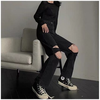 Quần Baggy Jean COL ĐEN Rách Gối Dáng Suông Unisex