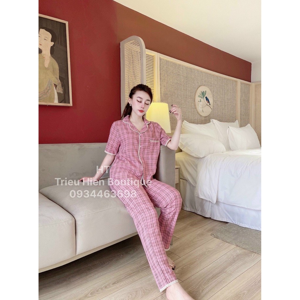 ( Xả Hàng Bán Lỗ ) Bộ Đồ pijama- Chất Đũi Xước Họa Tiết Kẻ ka rô Viền Ren Hàng Cao Cấp [ ảnh thật sp]