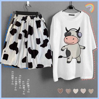 Sét Bộ Thun Áo thun In Hình Con Bò  Kết Hợp Quần Bò Sữa Hot Trend Mới TTSLA0495