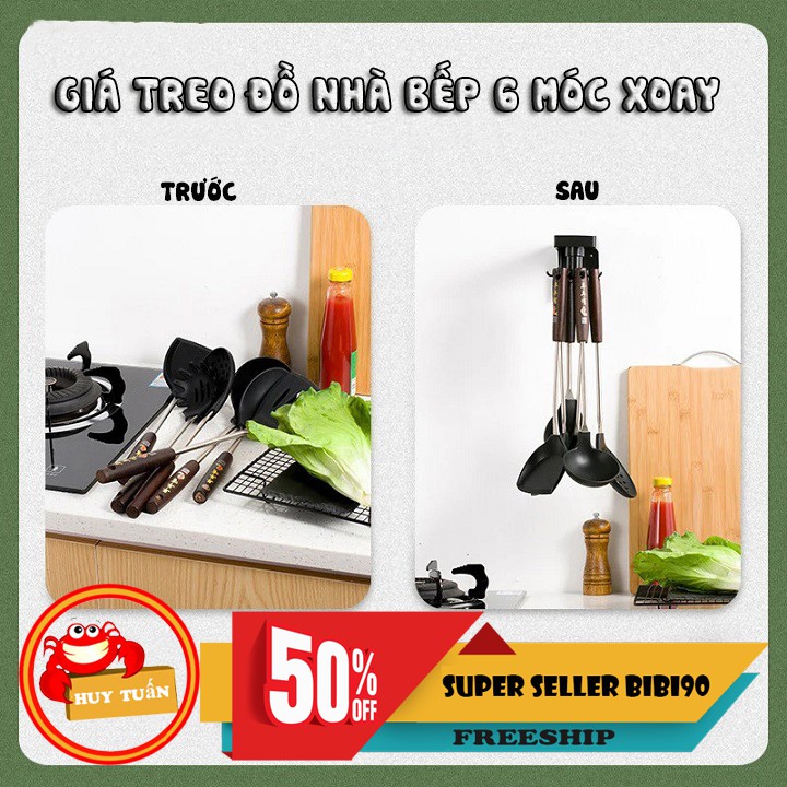 Giá treo đồ nhà bếp nhà tắm 6 móc xoay dán tường tiện lợi bibi90