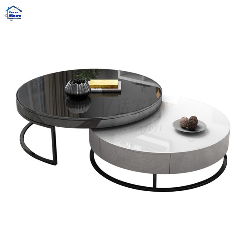 Bộ Bàn trà sofa mặt kính & gỗ cao cấp có ngăn kéo để đồ thông minh đen trắng cổ điển nội thất phòng khách & phòng ngủ