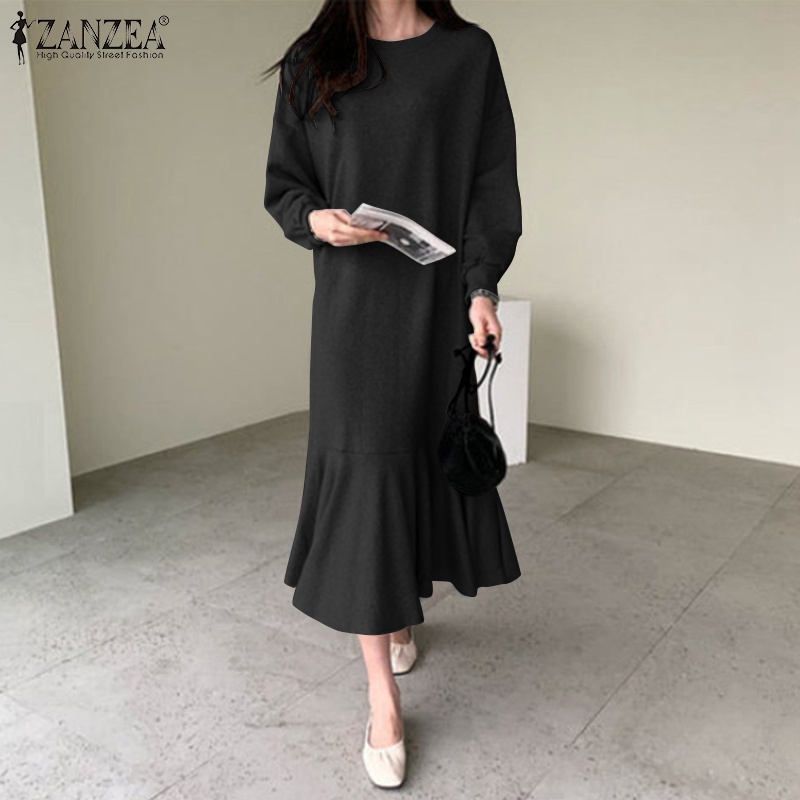 Đầm ZANZEA cổ tròn tay dài phối bèo kiểu dáng rộng rãi cho nữ