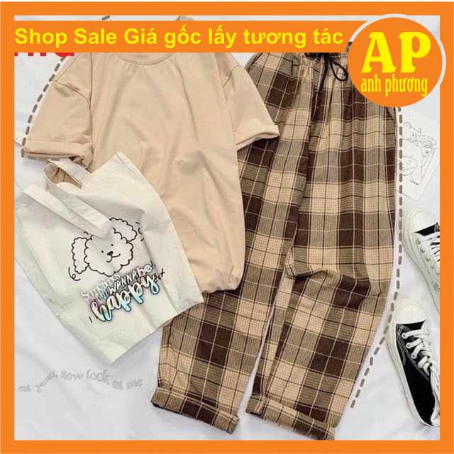 Sét áo phông Trơn + quần kẻ☝áo kiểu unisex from thụng chất đẹp☝quần lưng thun vải thể thao chất thể thao☝mát mẻ☝