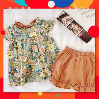 [Hàng loại 1] Bộ đồ áo hoa nhí vải thô, quần short linen, thiết kế bánh bèo siêu xinh cho bé gái