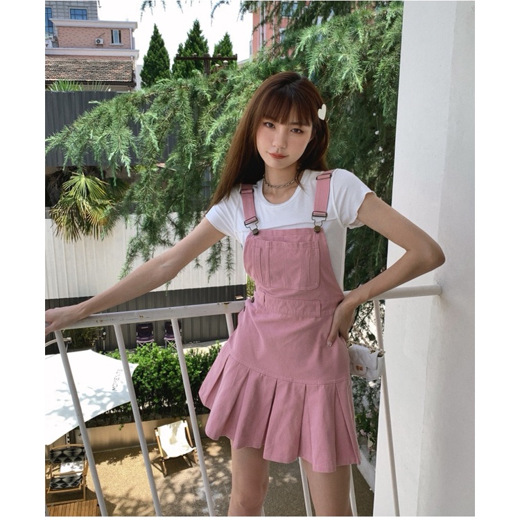 Đầm hai dây XIAOZHAINV dáng chữ A xếp ly màu hồng thời trang phong cách Hàn Quốc cho nữ