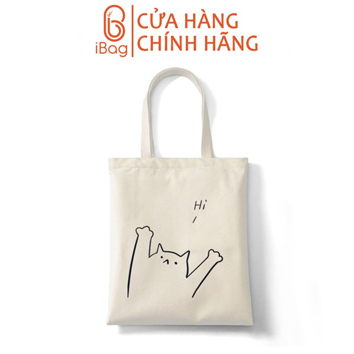 Túi tote vải canvas IBAG nữ phong cách ulzzang dáng unisex in hình con mèo say Hi N007