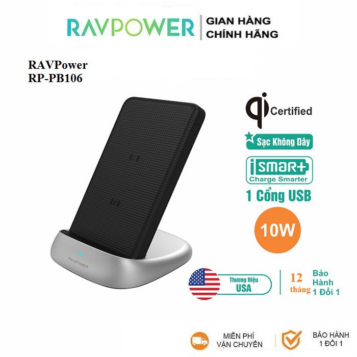 Pin Dự Phòng Kiêm Đế Sạc Không Dây Chuẩn QI RAVPOWER RP-PB106 5000mAh 3-IN-1