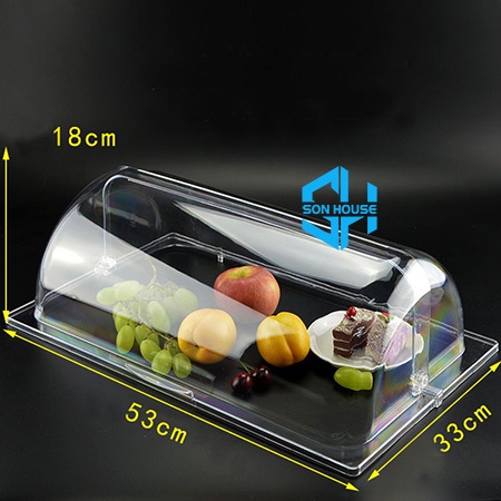 Khay inox hình chữ nhật sâu 2cm có nắp đậy bằng nhựa trong suốt mở 2 chiều đựng trưng bày salad, trái cây, sashimi, bánh