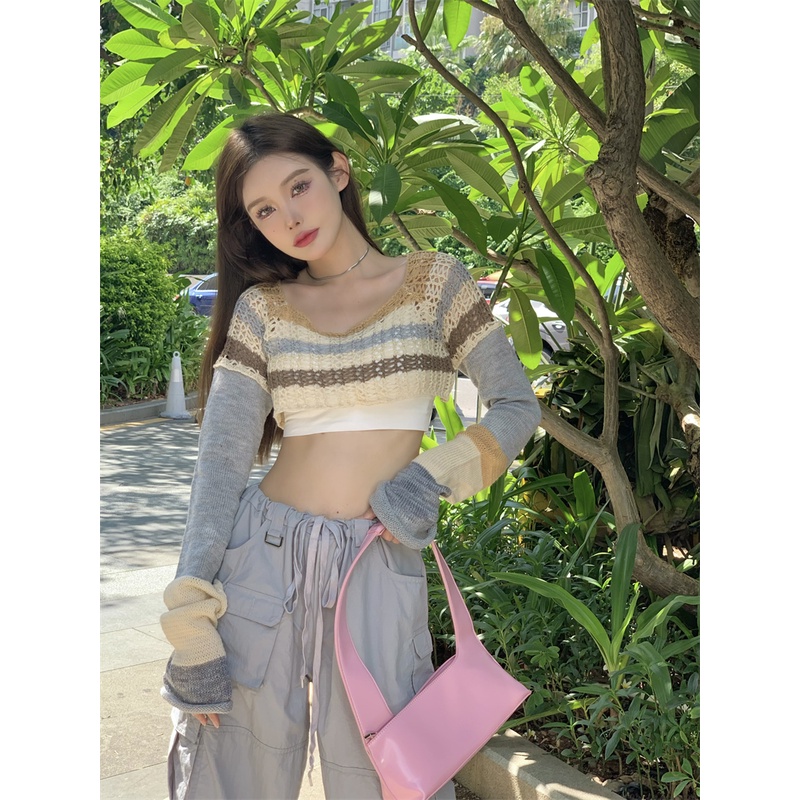 QKOOLE Áo croptop  dệt kim tay dài phong cách cổ điển Hàn Quốc cho nữ