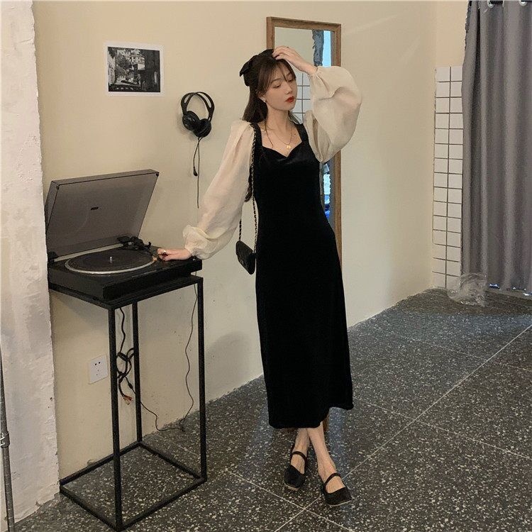 Đầm Nhung Phối Voan Tay Phồng Cổ Vuông Màu Đen Thời Trang Cho Nữ